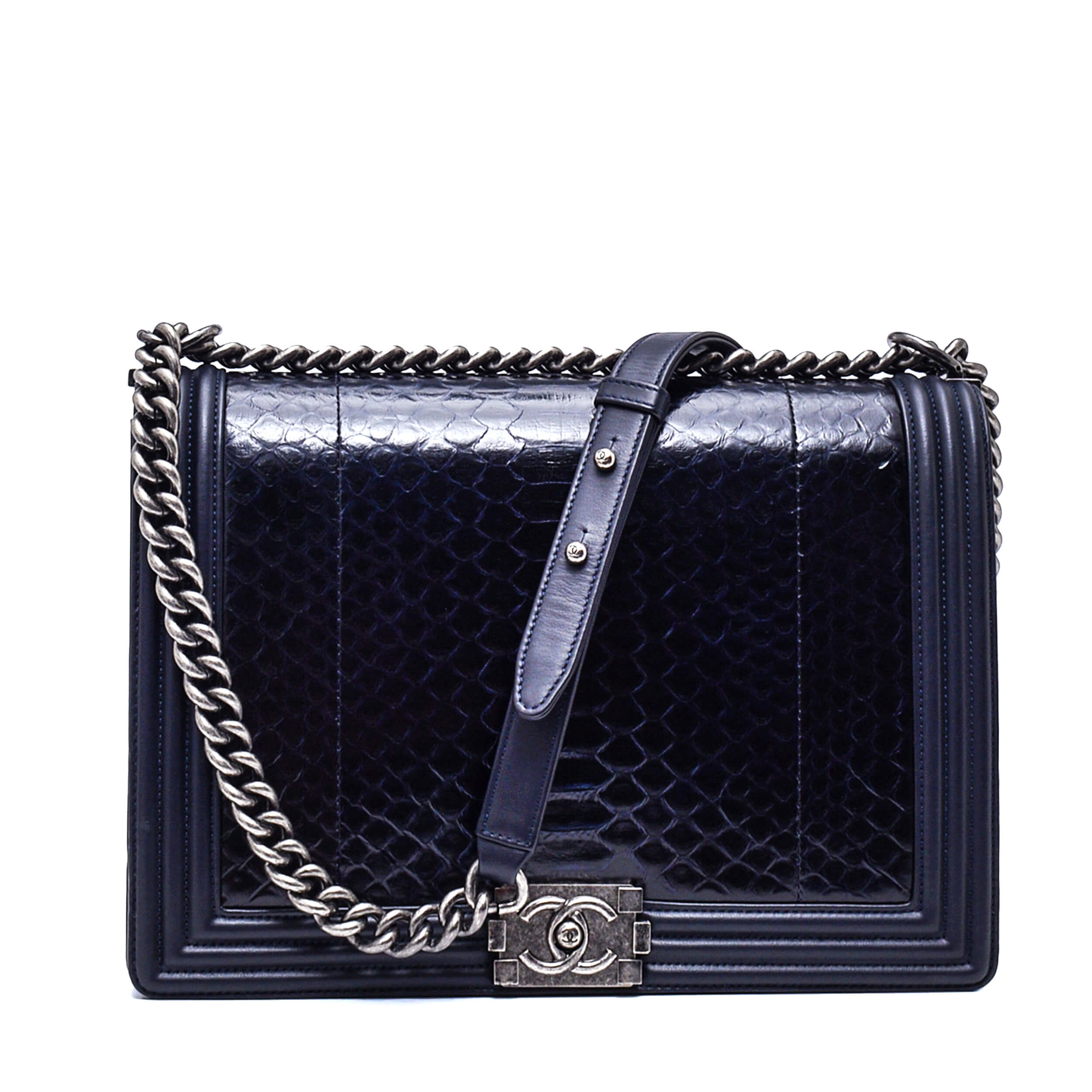 Chanel - Black & Navy Python Leather Large Le Boy Bag